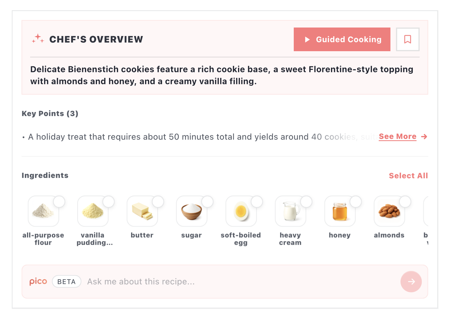 Allspice Overview inline widget with key points, ingredients, and ask bar