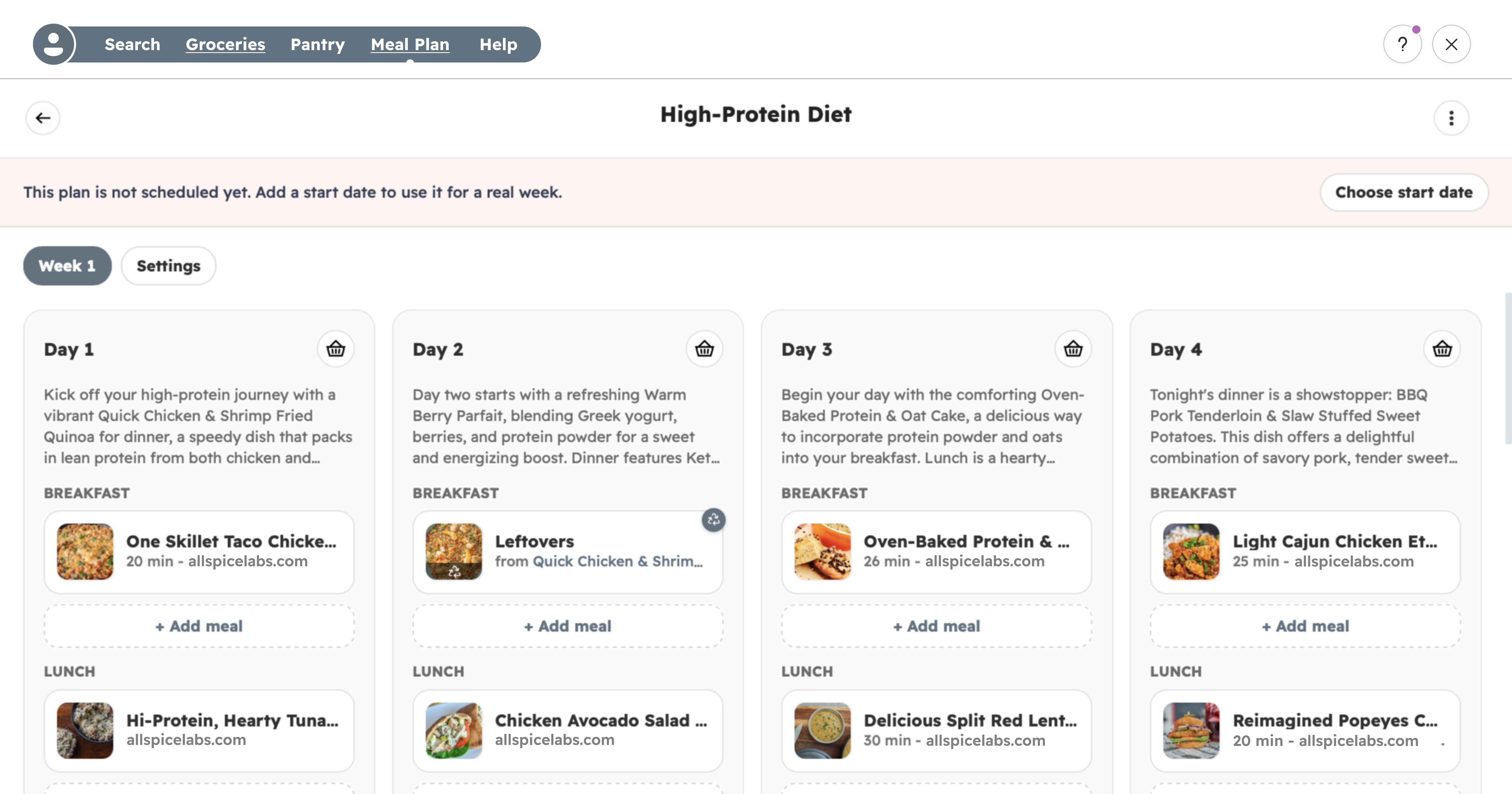 Meal planning calendar in the Allspice widget