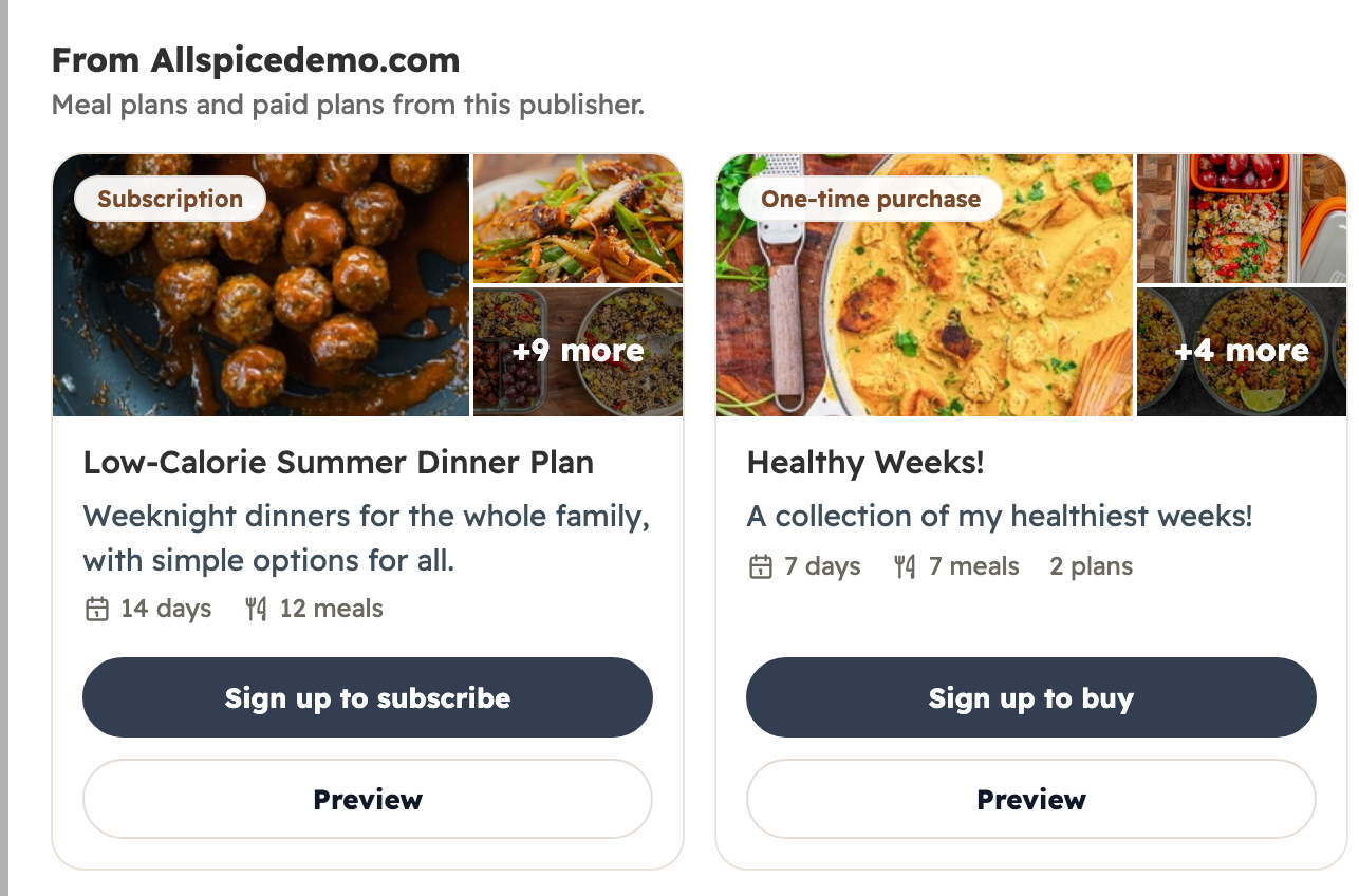 Meal plan products and commerce in the Allspice publisher experience