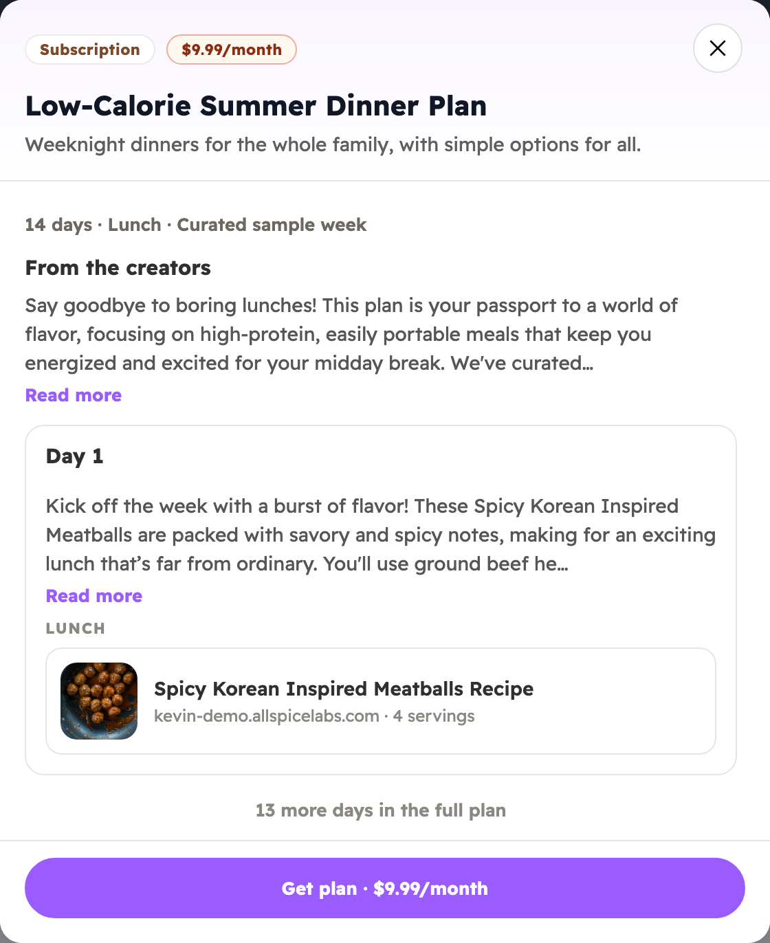 Publisher meal plan preview in the Allspice widget - subscription plan with sample week